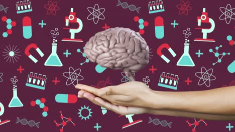 spinning brain over hands against science concept icons against red background