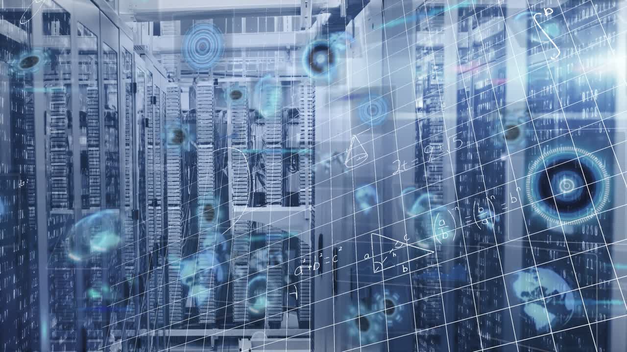 Animation of mathematical equations and multiple round scanners against computer server room