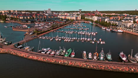 waterfront district and neighborhood with a pier to dock boats in helsinki, finland