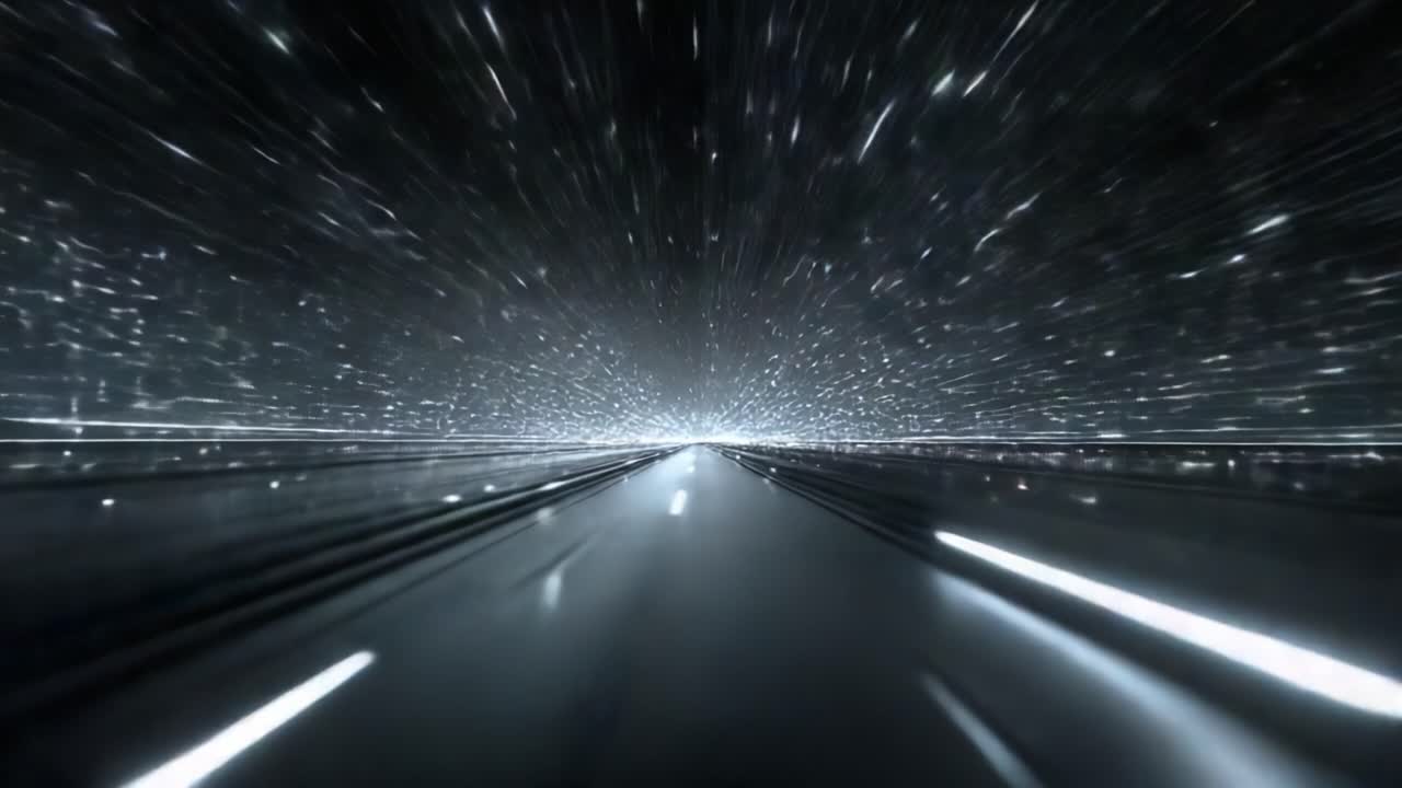 Fast-Paced Journey Through a Hyperspace Tunnel, Showcasing a Stunning Visual Effect of Light Trails and Dynamic Motion as Stars Twinkle in the Distance