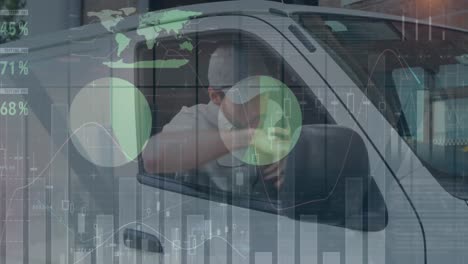 animation of data processing over man getting out of car