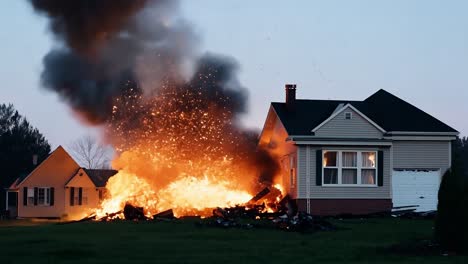 intense flames engulf a house, sending embers soaring into the air and creating a scene of destruction and danger