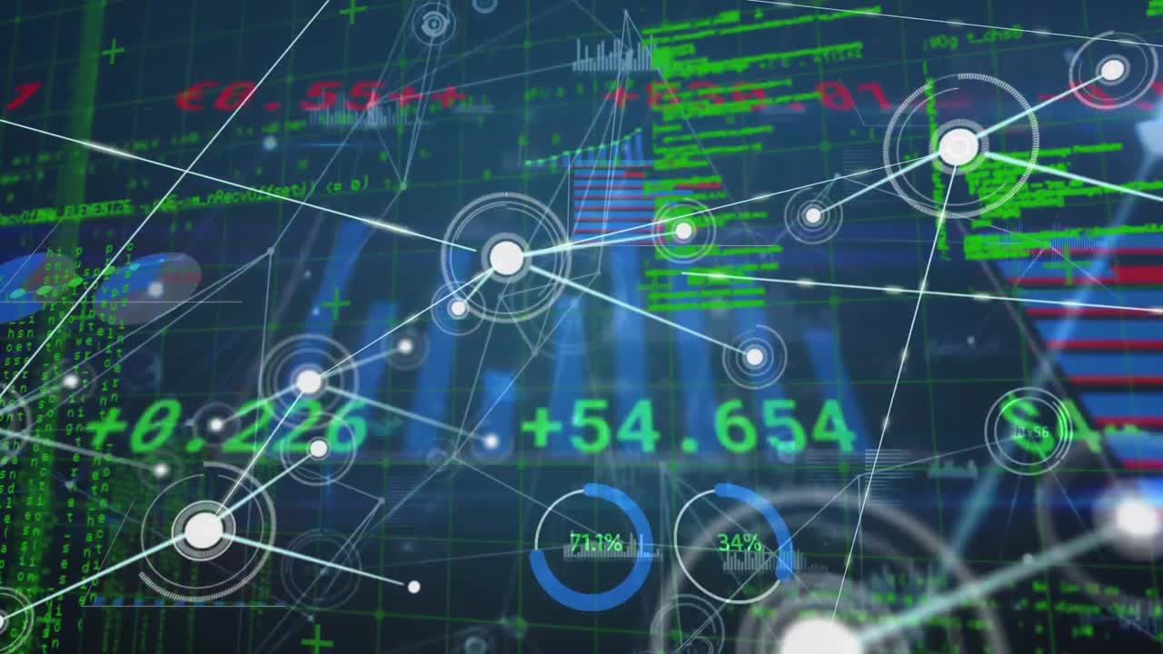 Animation of network of connections over data processing on blue background