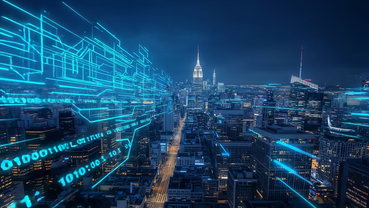 Appearing left cyan hologram sending binary lines across long avenue to main tower, mapping grid