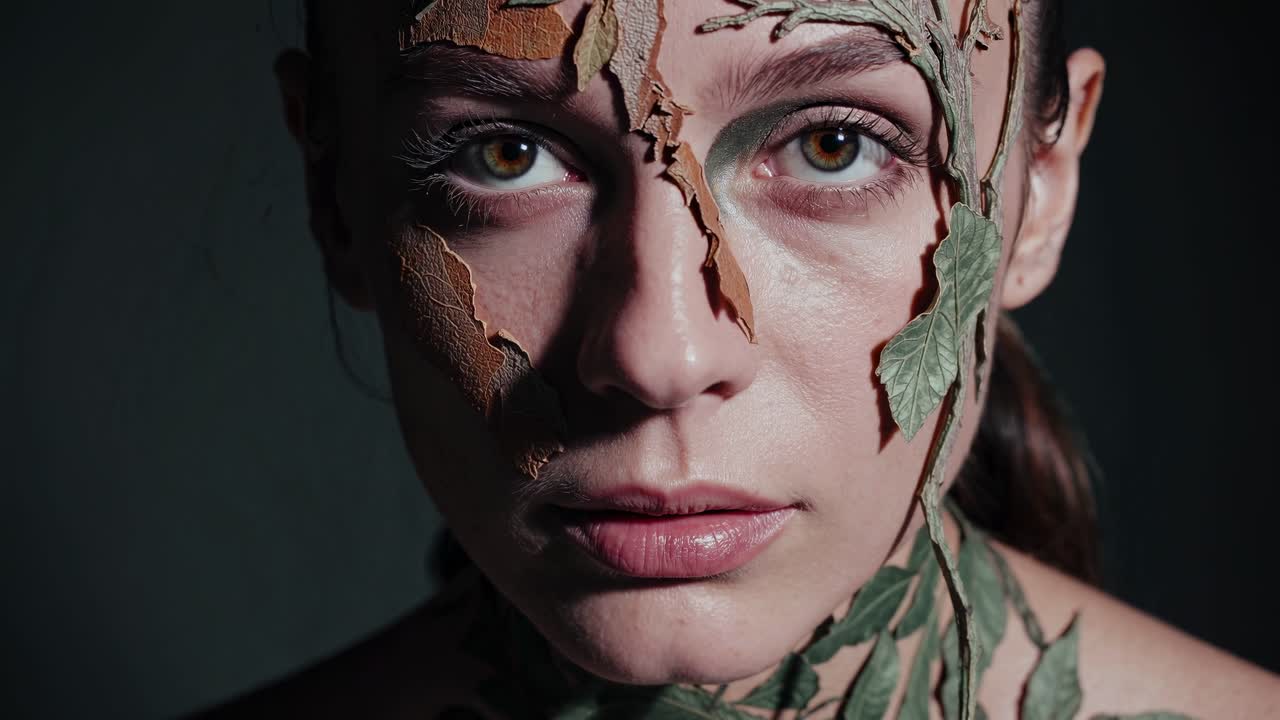 mujer con maquillaje delicado mezclándose con el diseño inspirado en la naturaleza, creando un retrato etéreo contra un fondo oscuro, revelando la transformación artística de la belleza femenina