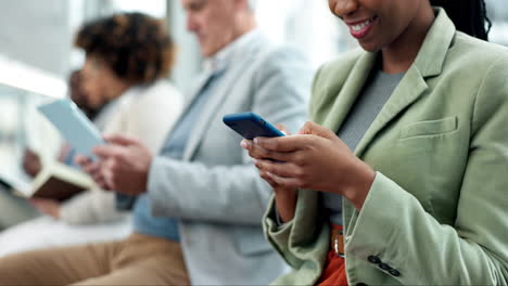 Waiting-room,-phone-and-business-woman-hands