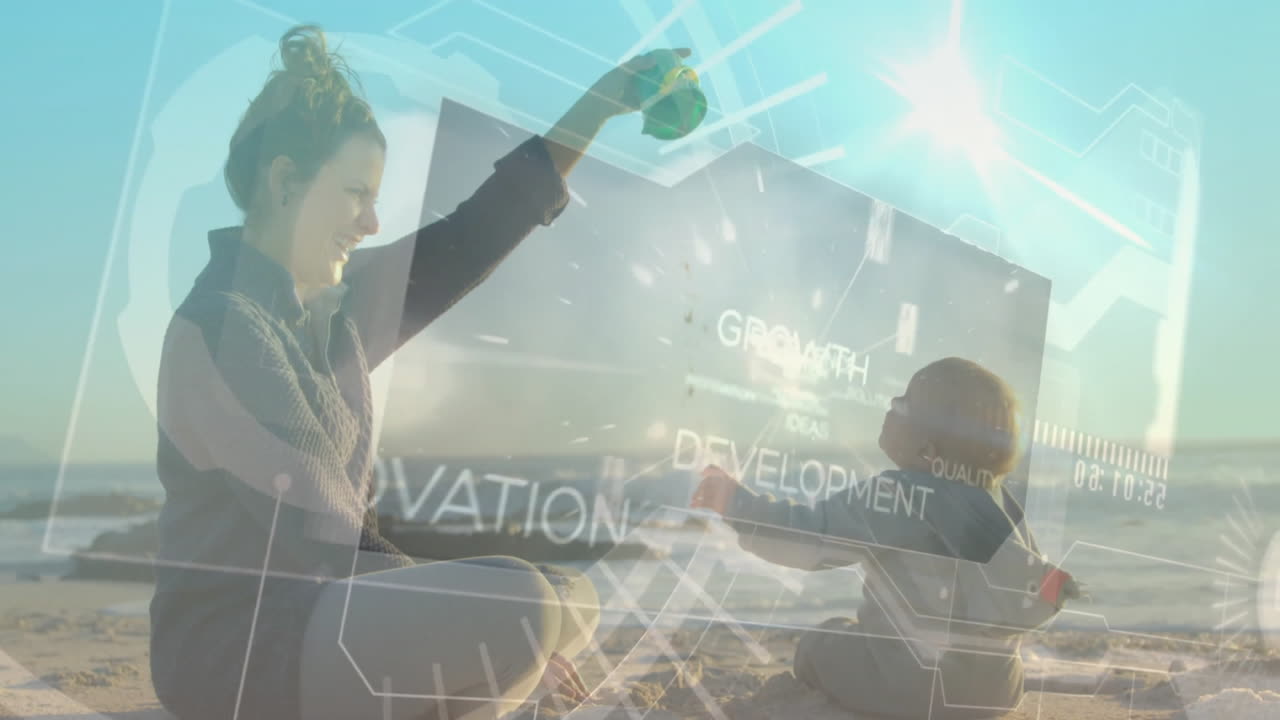 Playing on beach, mother and child with animation of growth and innovation text