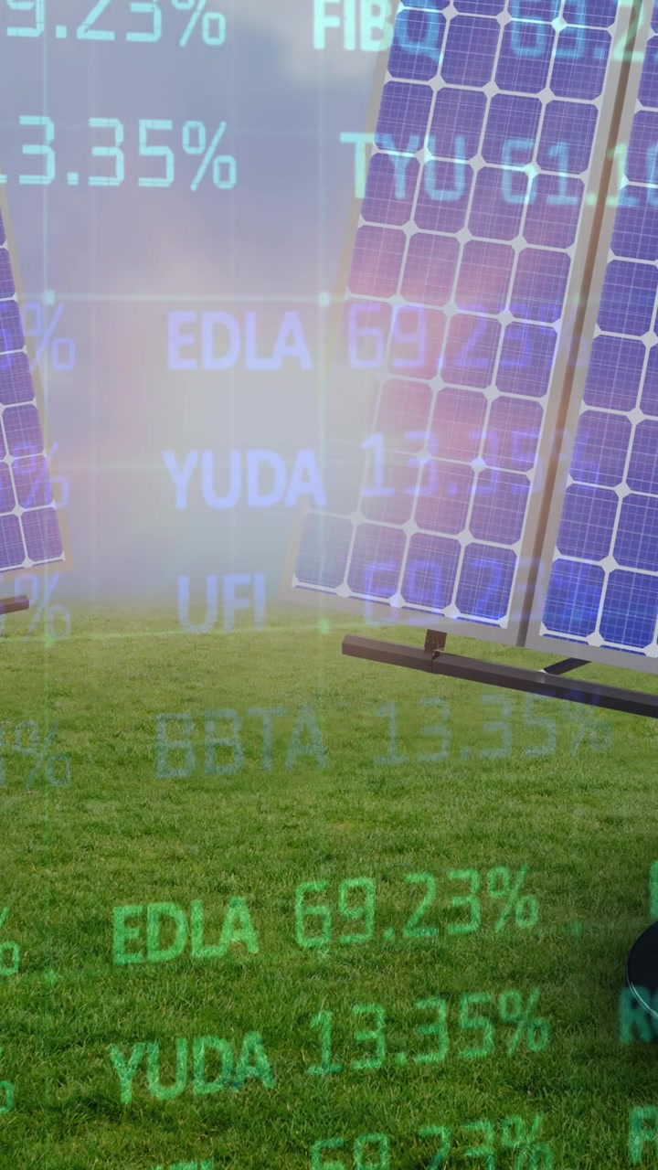 Animazione di elaborazione dati finanziari di borsa su pannelli solari in un campo