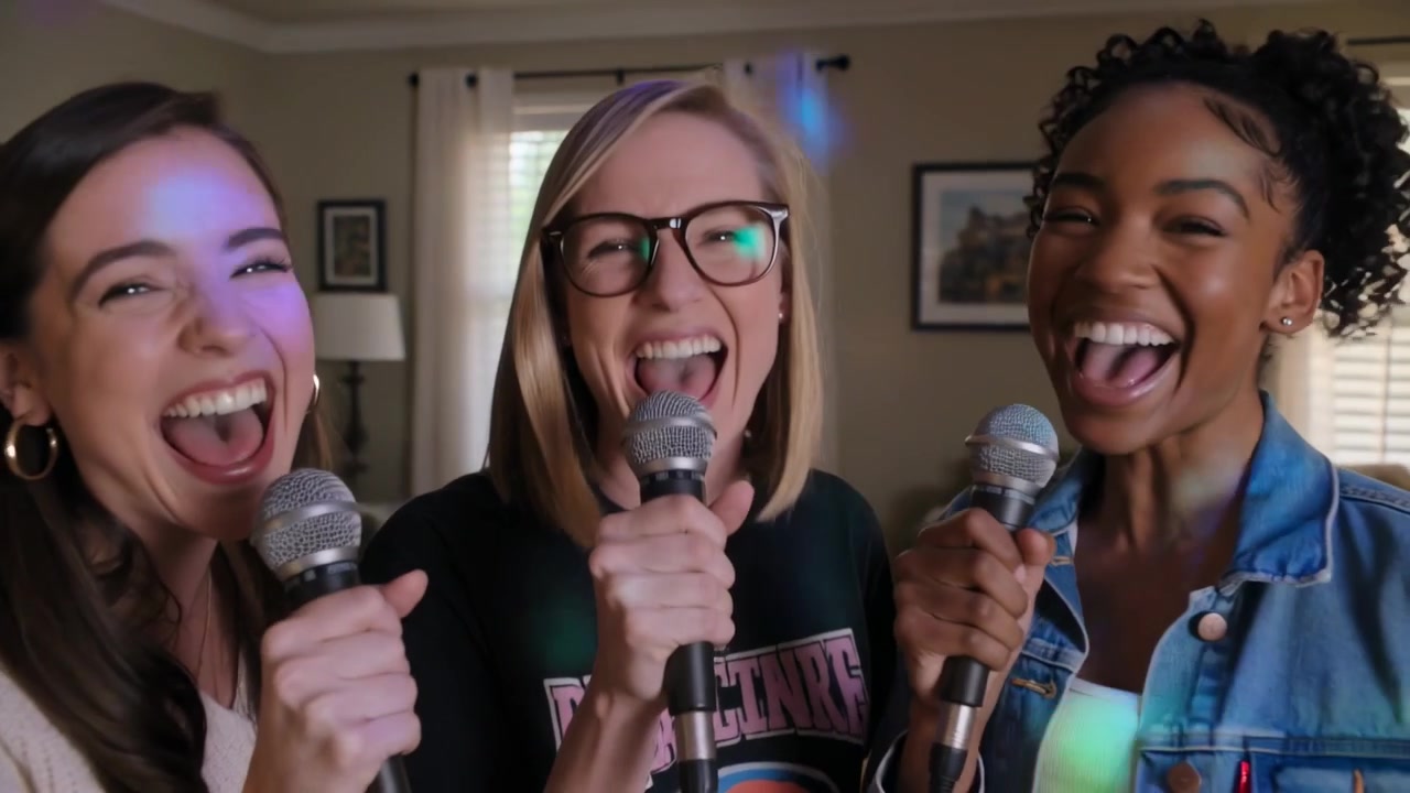 Leaning three casual women singing karaoke at home for fun, LED lights starting, holding wired mics
