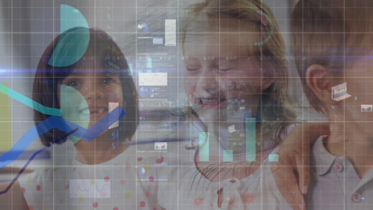 파란색 선으로 데이터 처리의 애니메이션과 다양한 학교 어린이에 대한 눈