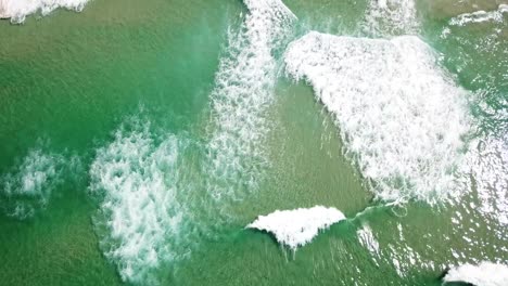 aerial: birds eye view over the ocean follows the waves into shore and slowly reveals a golden sand beach with stunning landscape just south of byron bay, australia