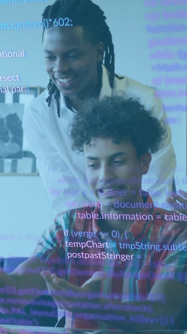 Vertical video: Code overlay fading in on screen, seated dev typing while mentor guiding debug