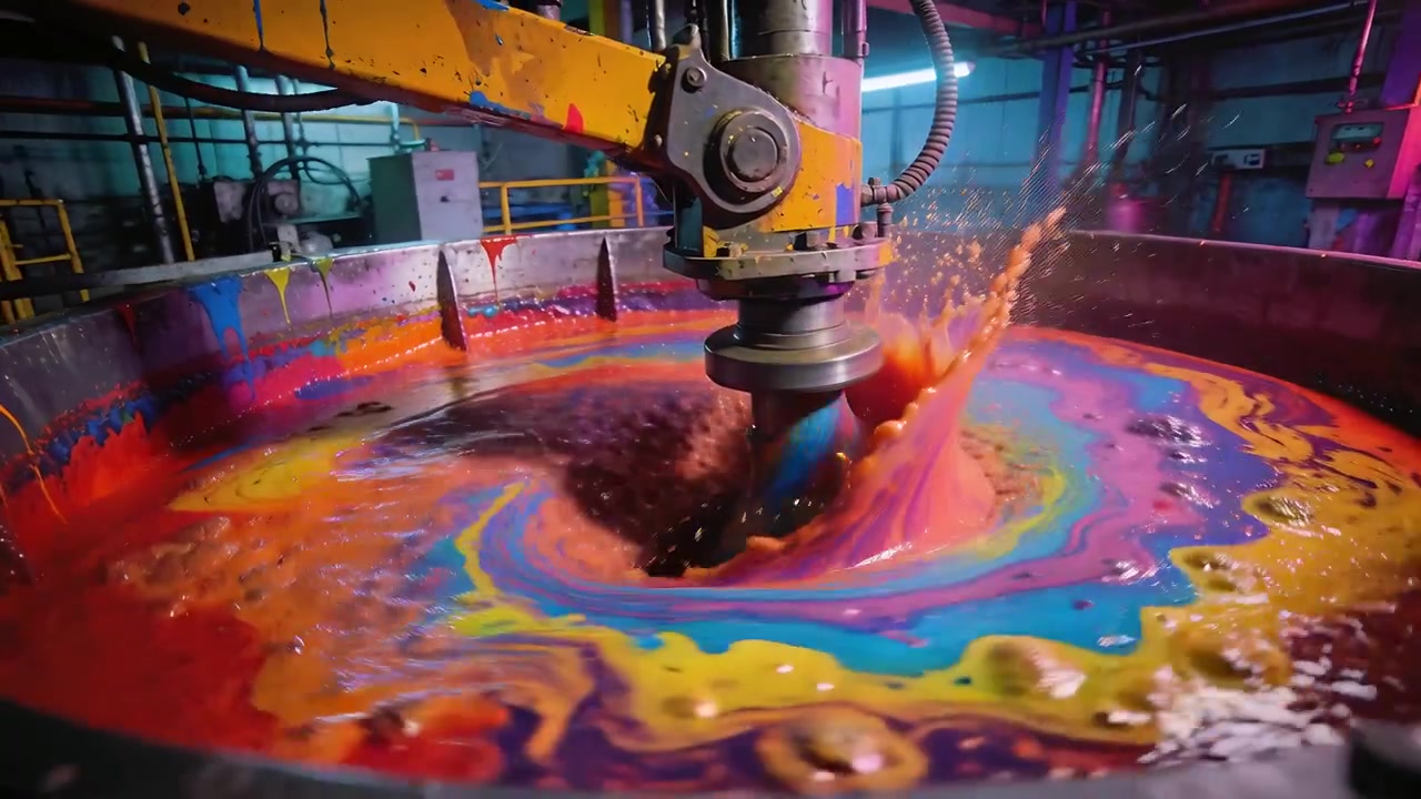 Motor de partida ativando cabeçote misturador rotativo agitando cuba de metal na fábrica, misturando pigmentos.