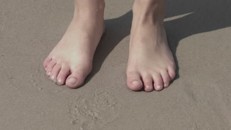 um humano com os pés descalços parado em sua sombra sozinho na beira do oceano