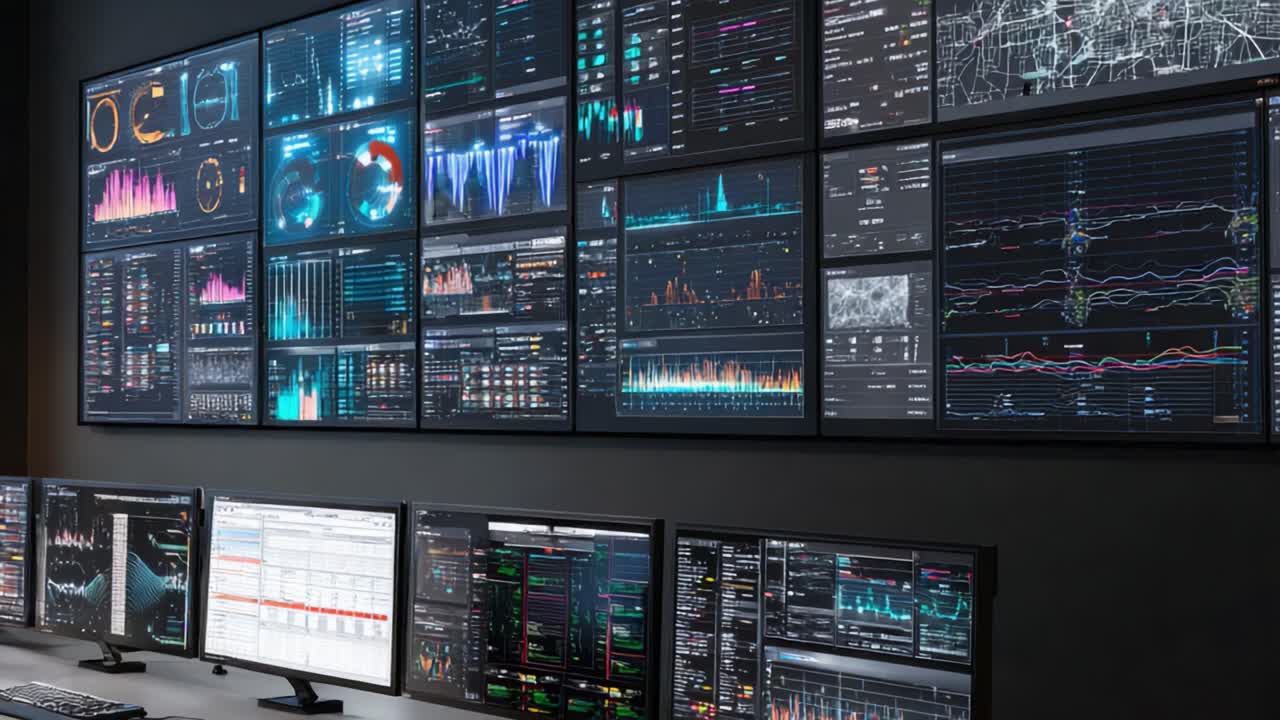 Centro di visualizzazione dati ad alta tecnologia: una panoramica di monitor che mostrano analisi complesse e grafici dinamici per un processo decisionale informato in tempo reale