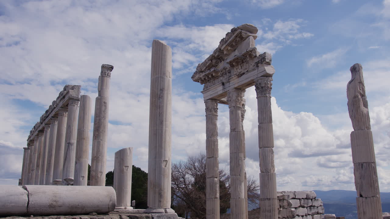Wide shot of a row of pillars overlooking a landscape in Pergamum