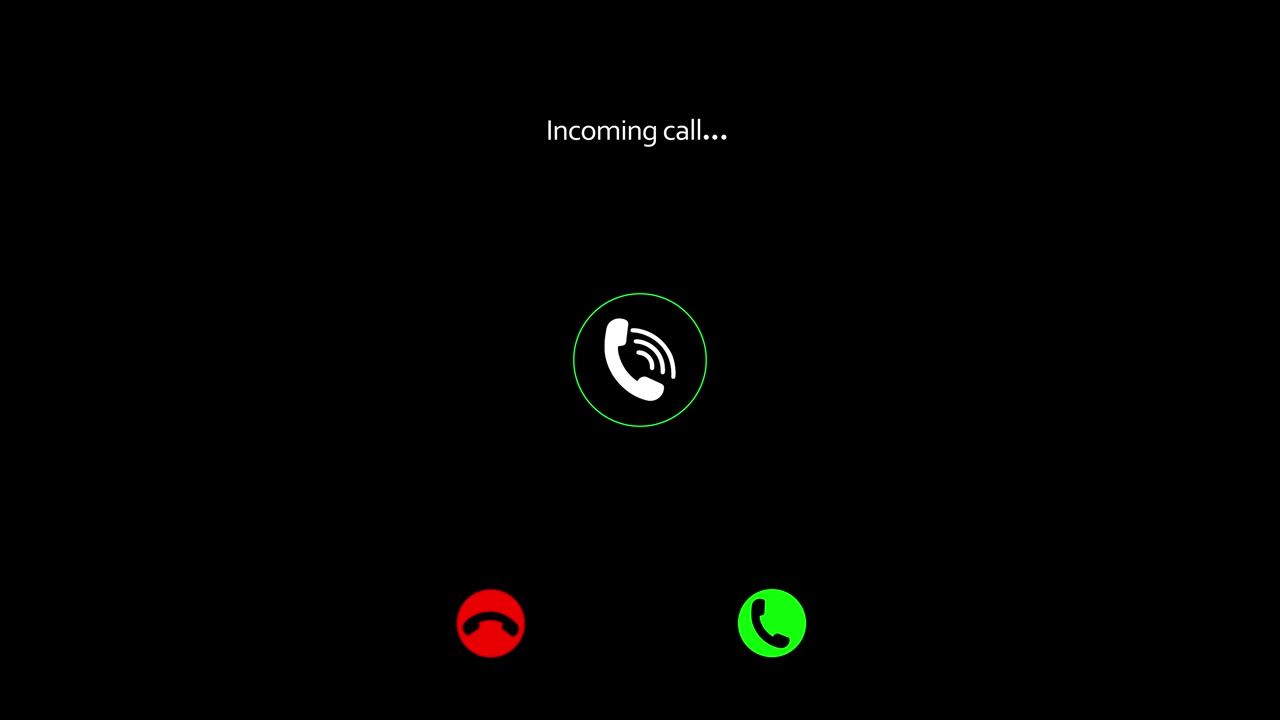 Visual notifikasi panggilan telepon minimalis dengan tata letak hitam bersih, ikon berdering, tombol terima, dan tombol tolak