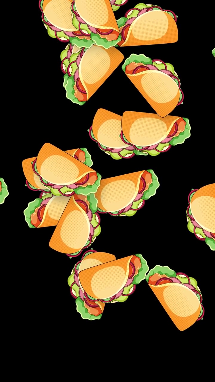 Tacos a fumetto cadono verticalmente con un movimento rotatorio su uno sfondo scuro in stile pop-art retrò.