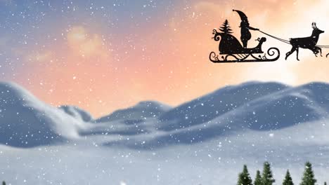 animación de nieve cayendo, trineo y renos sobre el paisaje de invierno