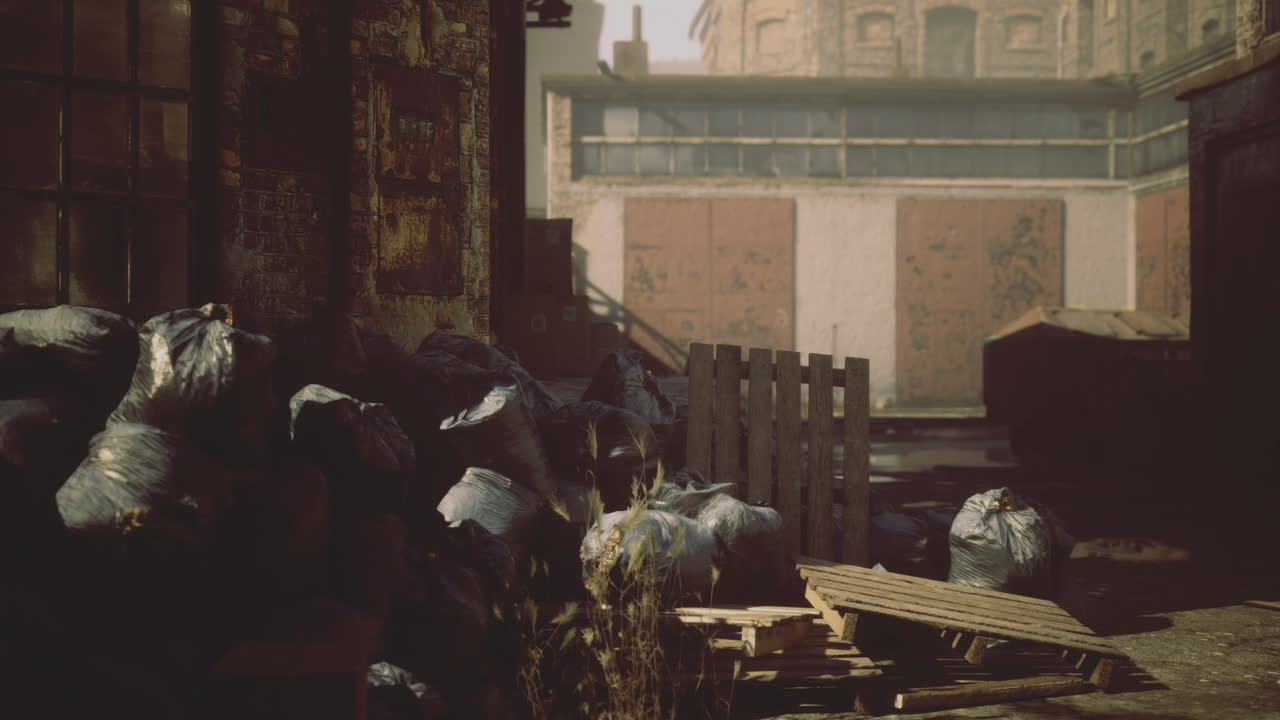 Urban alley filled with trash bags and debris during a sunny day