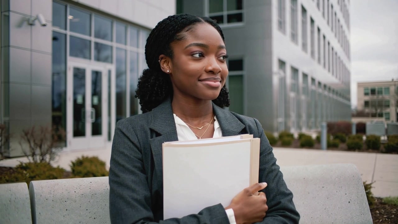 Hearing voice woman in blazer turning head shifting gaze right clutching notebooks on campus bench