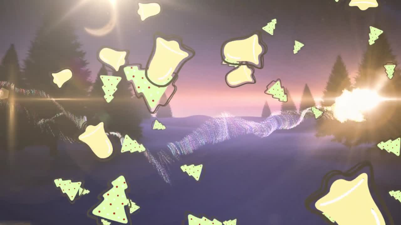 반 ⁇ 이는 흐릿한 불빛 위에 떨어지는 종과 크리스마스 트리의 애니메이션