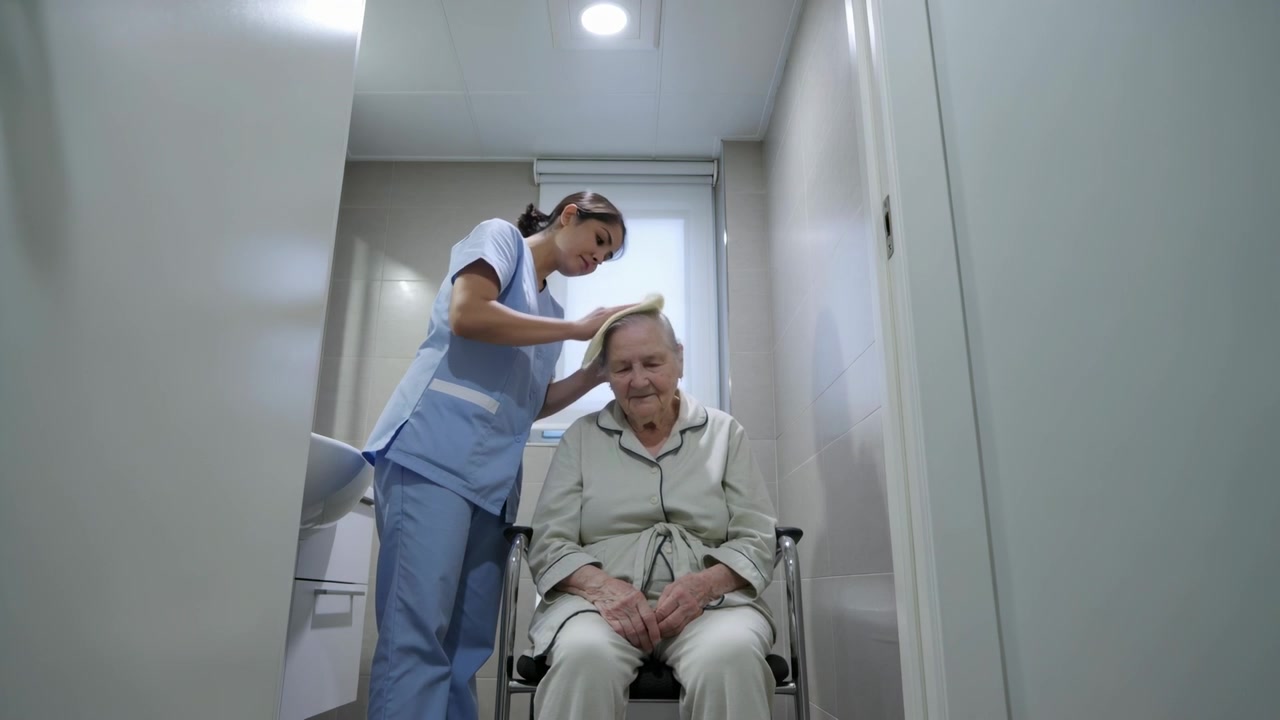 Sich vorbeugende Krankenschwester in Arbeitskleidung pflegt die Haare eines Senioren im Rollstuhl mit einem Schwamm zur Hygiene in einem engen Raum.