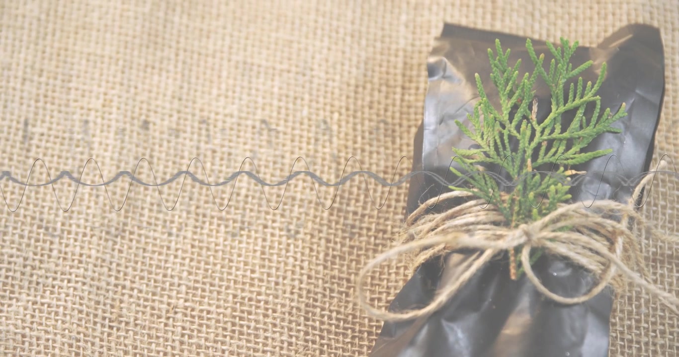 Thin coil spring appearing at left edge extending sideways across burlap highlighting wrapped gift