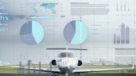 animación del procesamiento de datos estadísticos contra un avión en una pista de aterrizaje en un aeropuerto