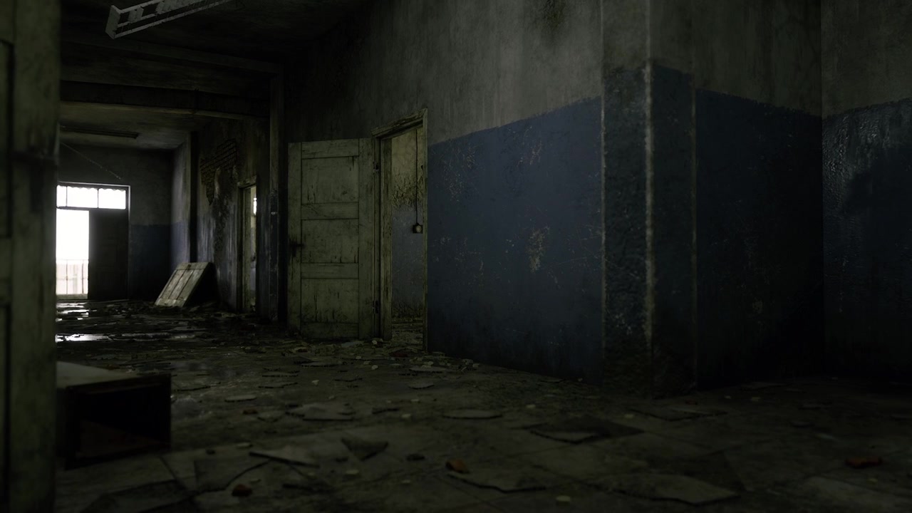 Pasillo inquietante con superficies deterioradas, ideal para momentos de suspense.