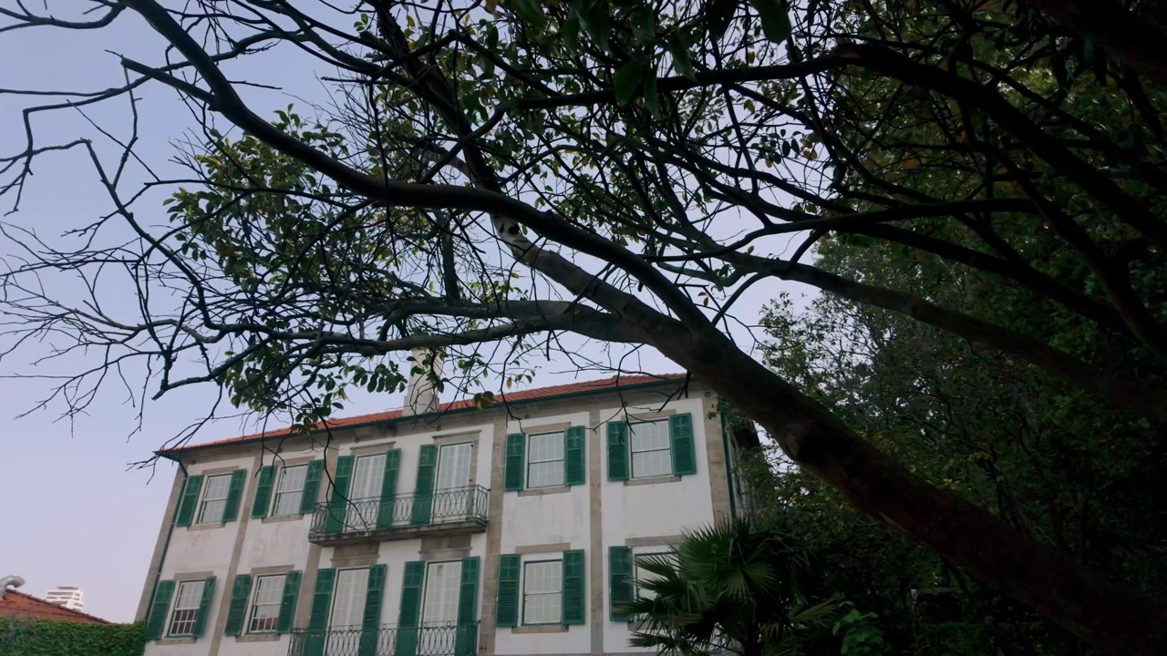 Edificio tradizionale con persiane verdi e balconi che fanno capolino attraverso il lussureggiante fogliame degli alberi. Questa architettura storica è uno spettacolo comune in città, che mostra elementi di design classico e bellezza naturale.