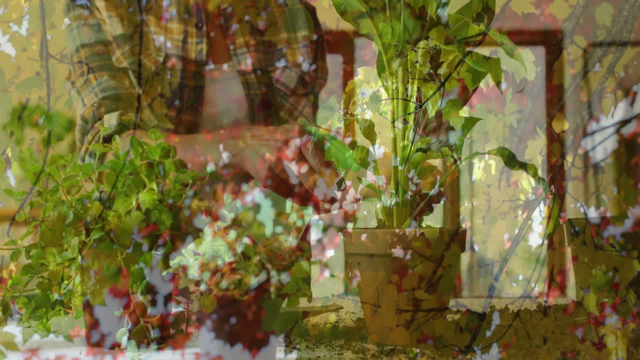 Tending to potted plants, gardener with floral animation overlay in garden
