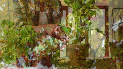 tending to potted plants, gardener with floral animation overlay in garden