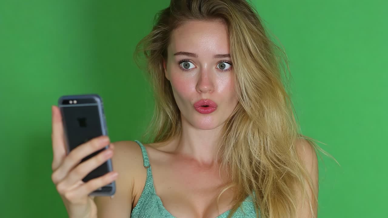 Jeune femme surprise réagissant à quelque chose d’inattendu sur son téléphone, capturée sur un fond vert vibrant, illustrant un moment de choc et de curiosité authentiques.