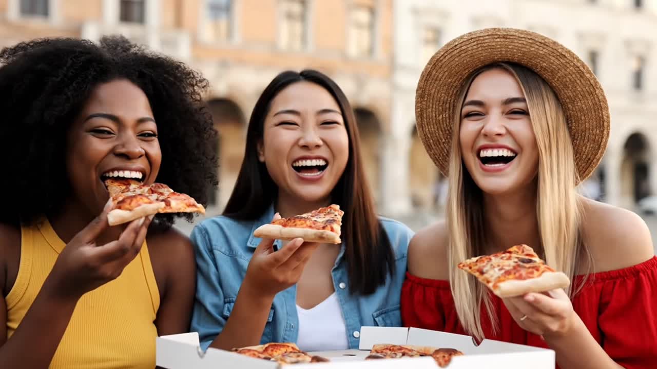 Tre amiche felici multietniche che mangiano pizza