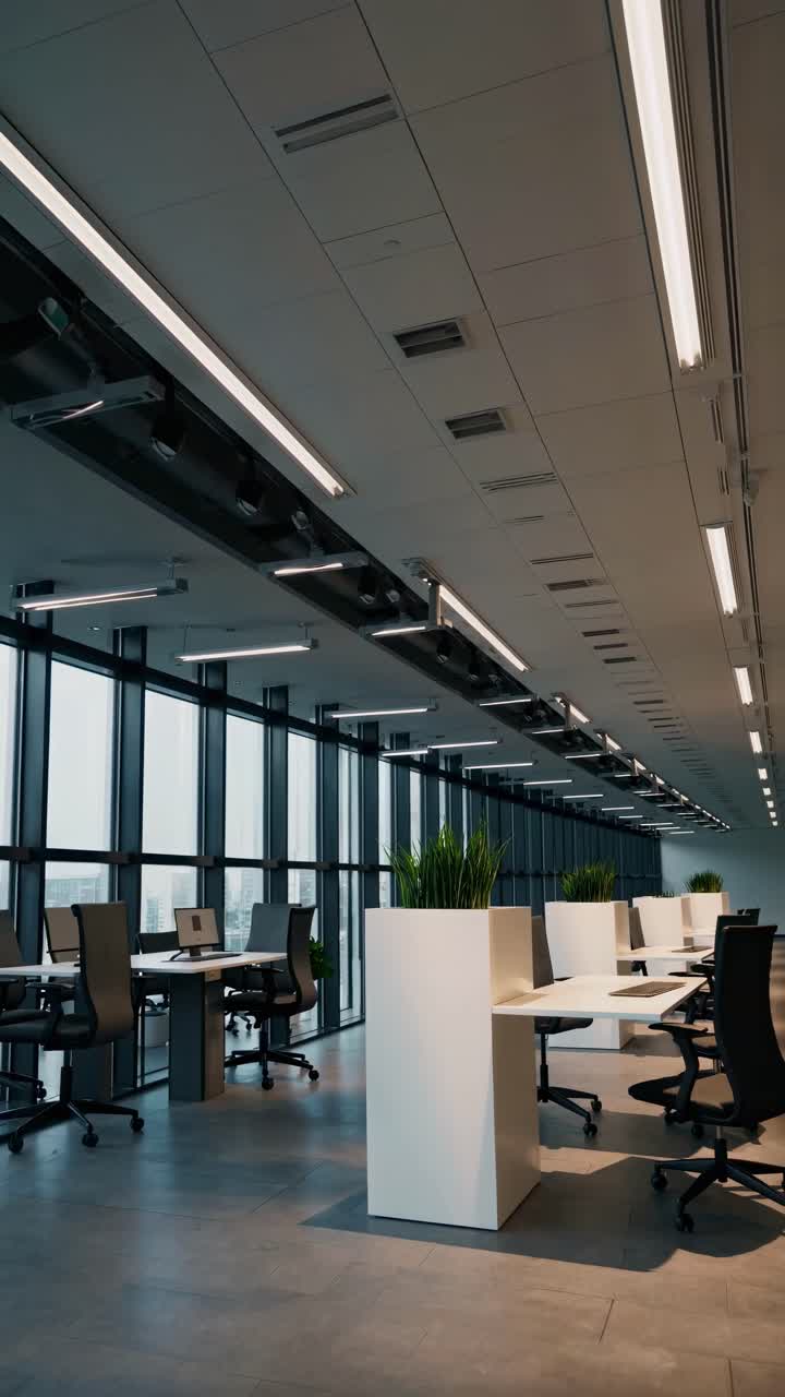 Spacious Empty Modern Office with Desks and Large Windows