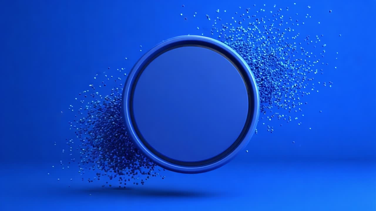 A Stunning Abstract Visual of a Floating Blue Circular Frame Surrounded by a Dynamic Explosion of Sparkling Particles, Set Against a Deep Blue Background for an Enchanting Effect