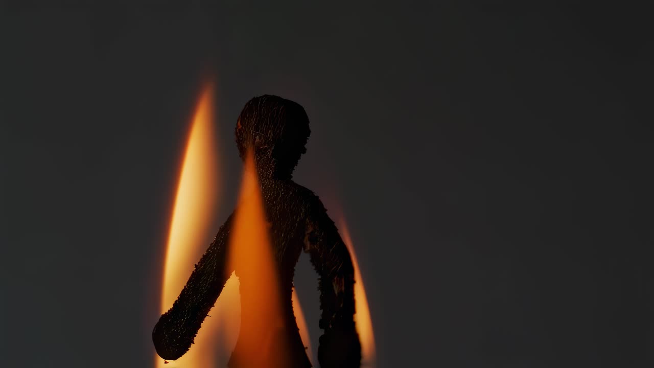 Human figurine burning intensely, symbolizing deep social tensions, destruction, and human vulnerability against dark, ominous background, representing profound emotional and political struggle