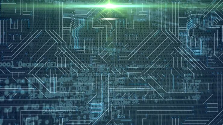 Animation of data processing over glowing computer circuit board