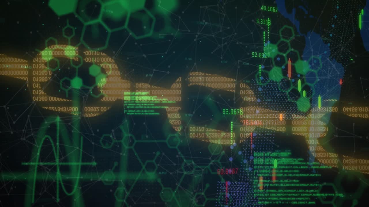 검은색 배경 위의 데이터 처리와 함께 그래프의 애니메이션