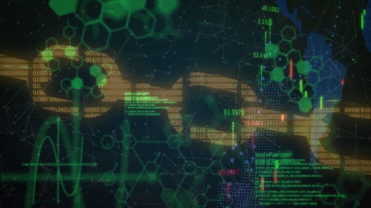 Animation of graph with data processing over black background