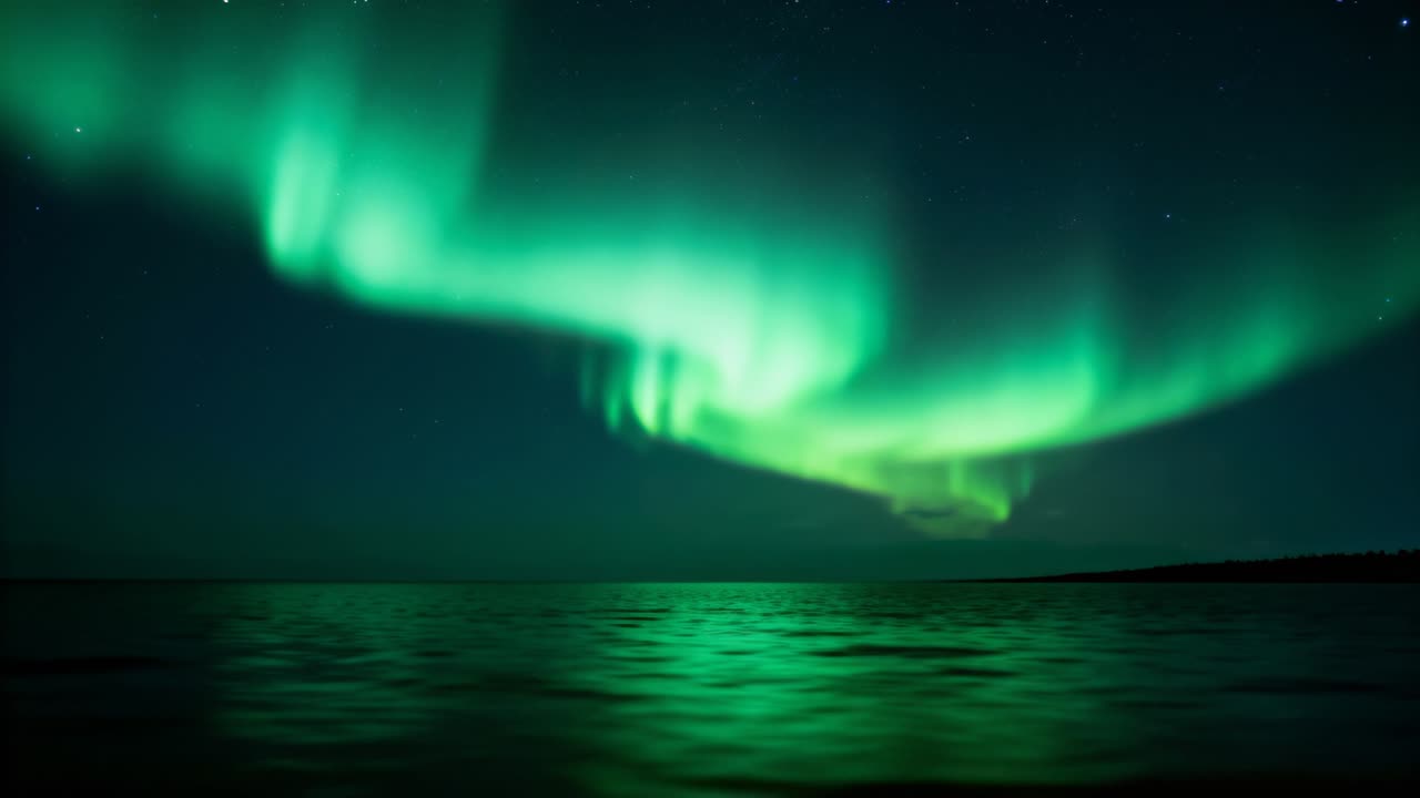 Vento solare in arrivo che causa tende aurorali che ondeggiano sul cielo notturno costiero, riflettendosi sull'acqua.