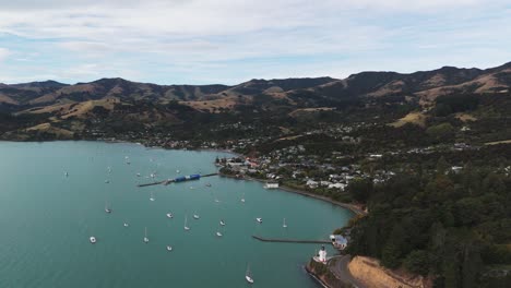 charming akaroa located on banks peninsula of new zealand south island, aerial