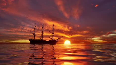 a cinematic scene of small sailing yacht boat sailing along the golden calm waters on lake, river, sea or ocean. beautiful sunset or sunrise, relaxation, calmness, sailing, sailors. luxury living