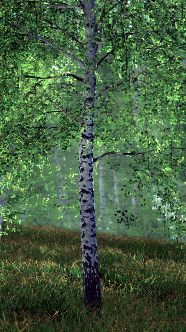 Lush green birch trees shimmering in the soft morning light of a serene forest