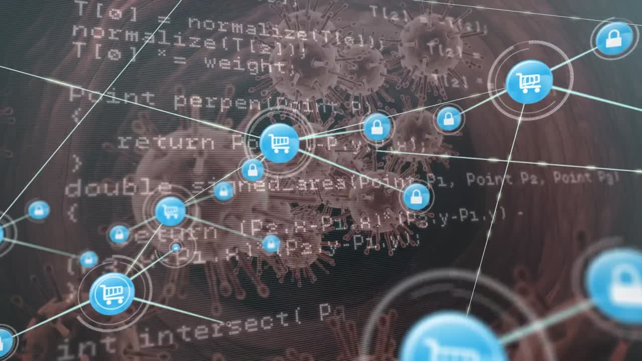 red de iconos digitales y procesamiento de datos contra múltiples células de covid-19 flotantes