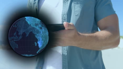 animation of data processing and globe over man using smartphone