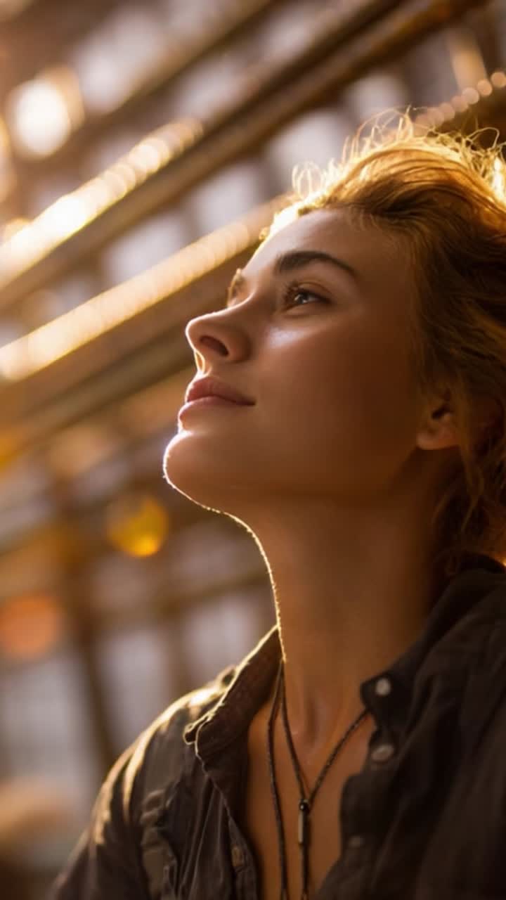 Serene Moment of Contemplation: A Profile View of a Young Woman Embracing the Warm Glow of Sunlight from an Urban Setting, Capturing a Spirit of Reflection