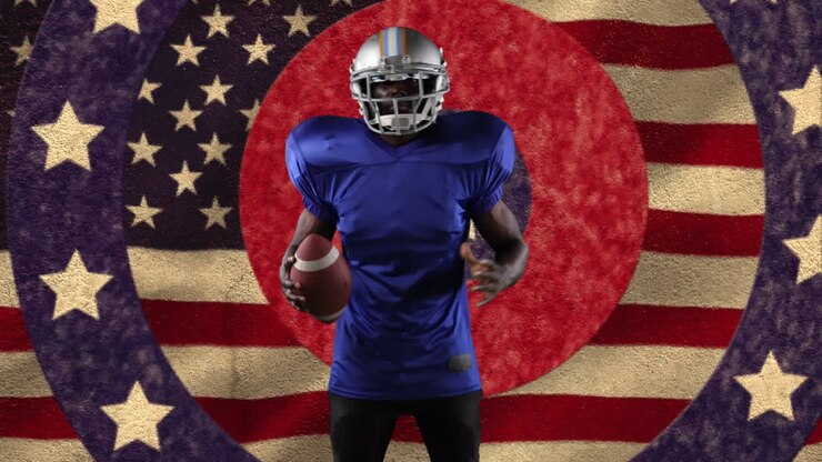 Animación de un jugador de fútbol americano sobre un patrón de la bandera estadounidense y círculos de colores