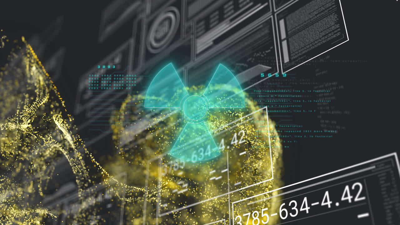 방사선 위험 기호와 디지털 인터페이스를 통한 숫자 데이터 처리 애니메이션